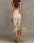 Beige Bohemian Kant Trim Ruched Midi Jurk