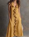 Dames Effen Kleur Mouwloze V-Hals Flared Ruffle Jurk