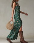 Bohemian Groene Geprinte Maxi-jurk met Rimpel Mouwen