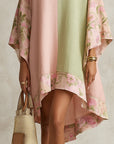 Groene en Roze Kleur-Block Bloem-Trim Midi Jurk