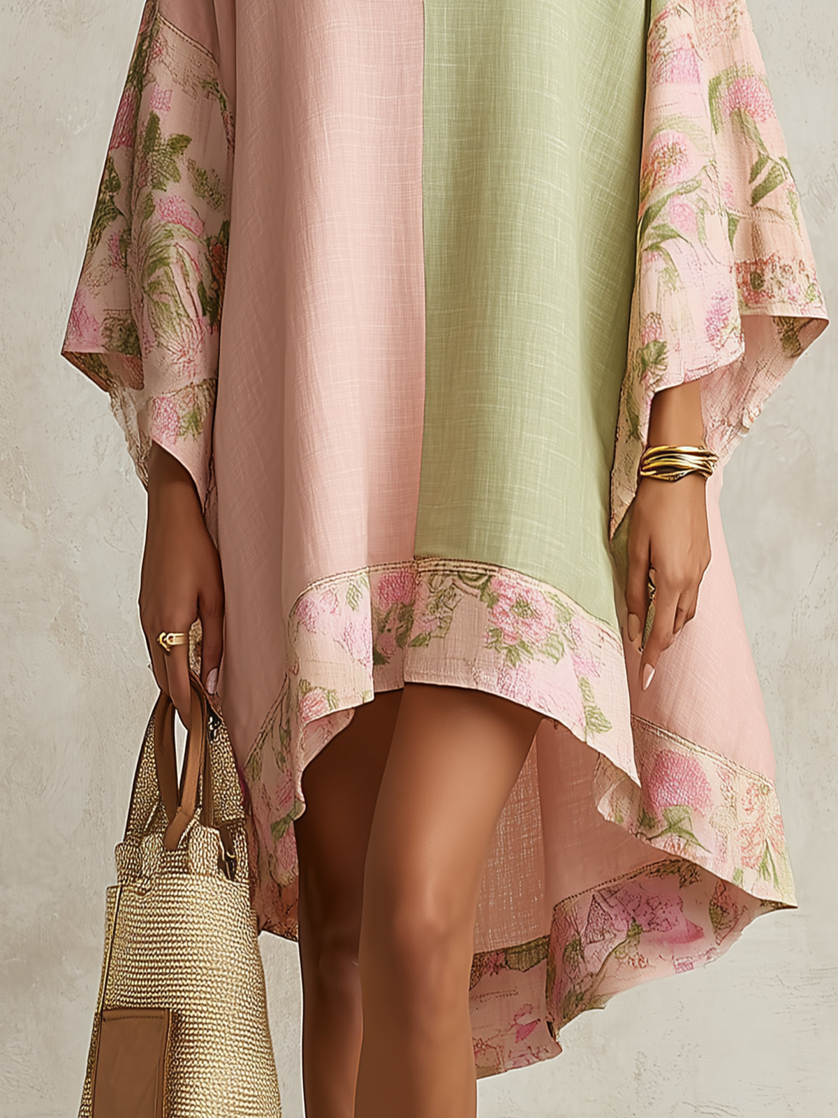 Groene en Roze Kleur-Block Bloem-Trim Midi Jurk