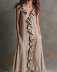 Dames Effen Kleur Mouwloze V-Hals Flared Ruffle Jurk