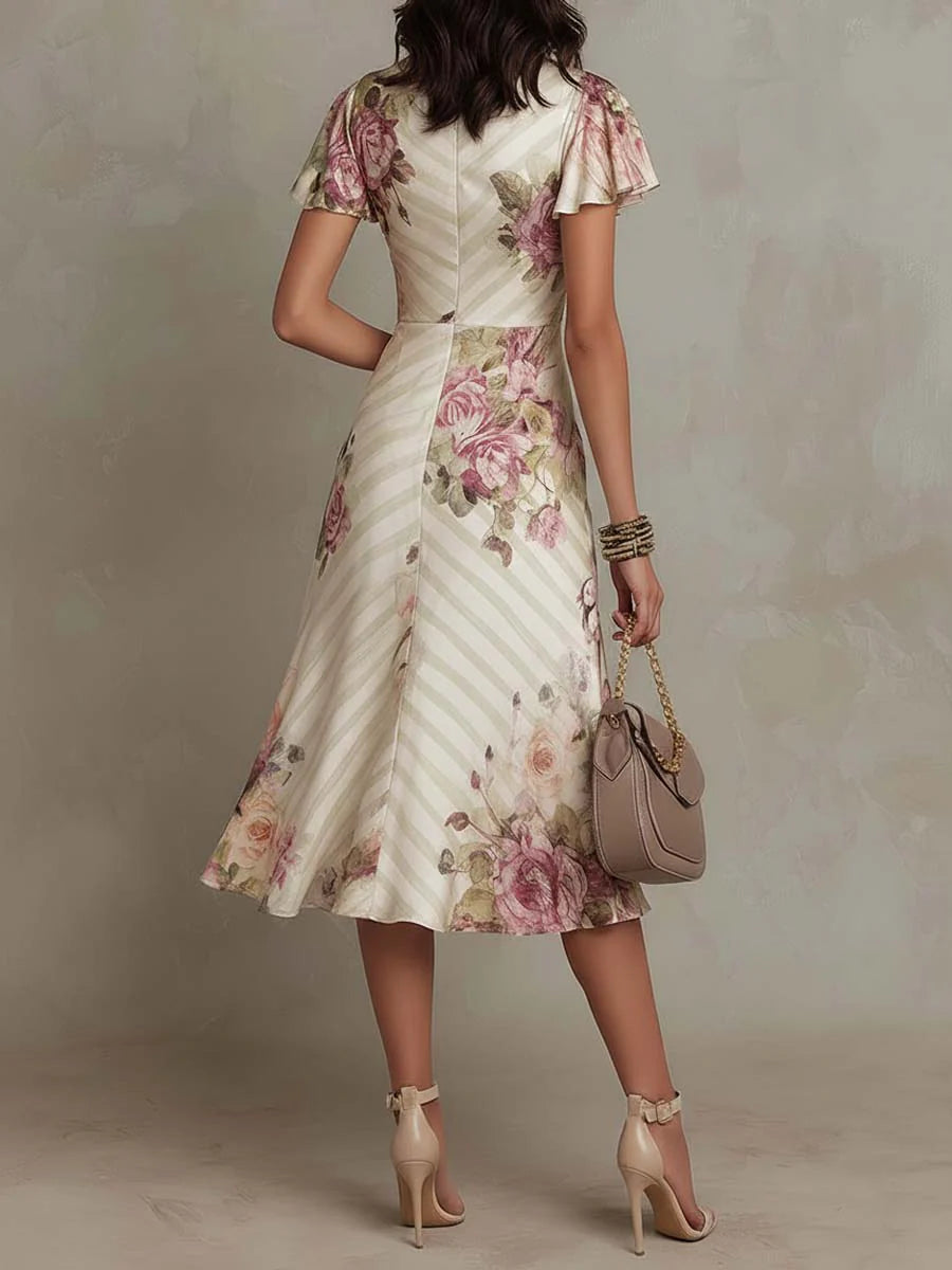 Elegante vintage bloemen satijnen midi-jurk
