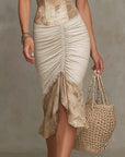 Beige Bohemian Kant Trim Ruched Midi Jurk