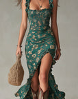 Bohemian Groene Geprinte Maxi-jurk met Rimpel Mouwen
