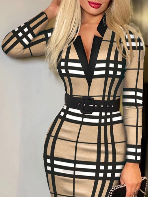Stijlvolle geruite V-hals bodycon jurk met lange mouwen (Inclusief riem)
