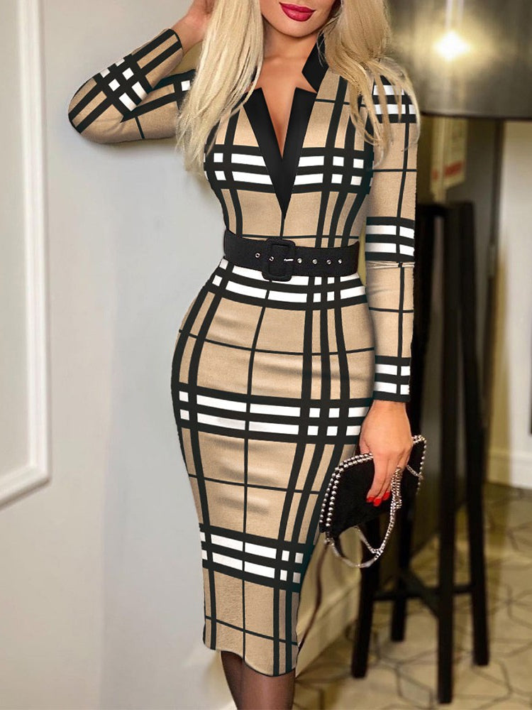 Stijlvolle geruite V-hals bodycon jurk met lange mouwen (Inclusief riem)