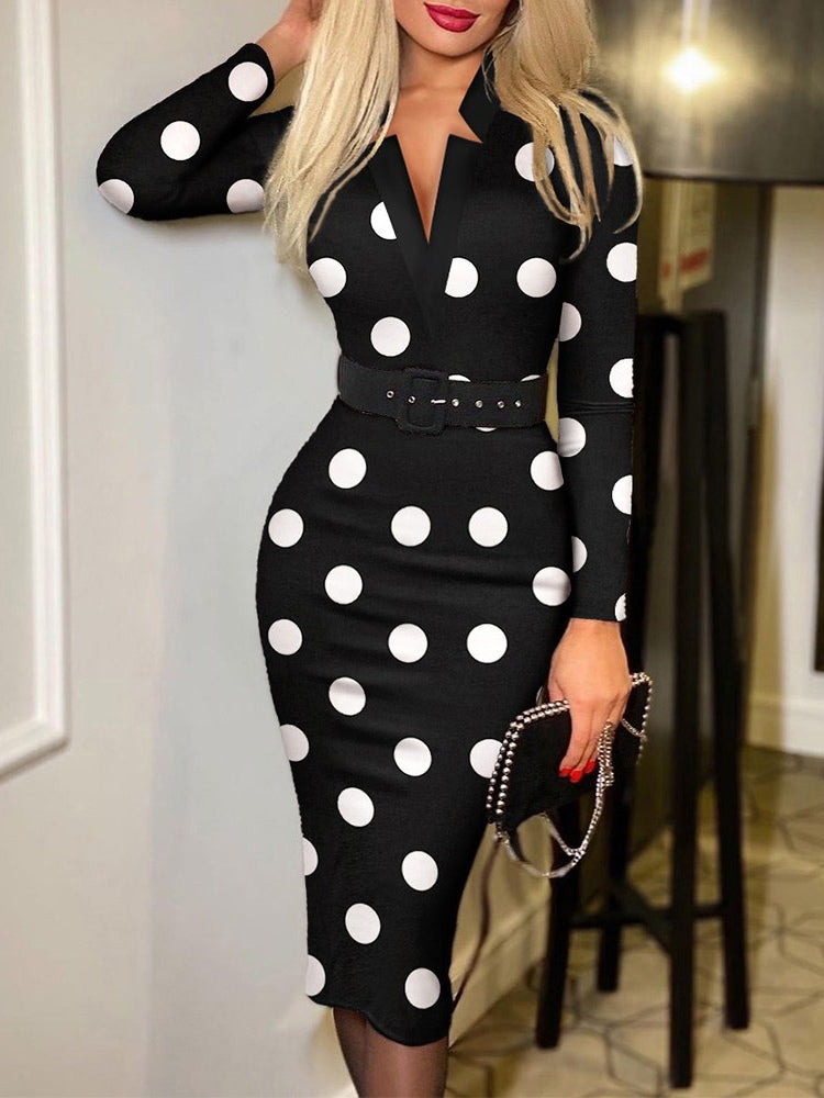 Stijlvolle geruite V-hals bodycon jurk met lange mouwen (Inclusief riem)
