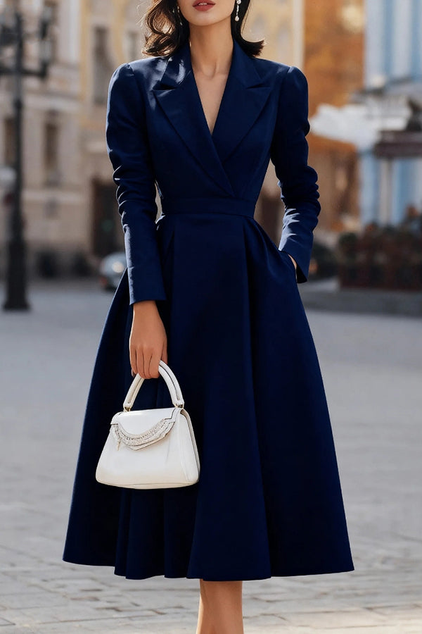Elegante V-hals Langsleeve Aansluitende Taille Midi Jurk