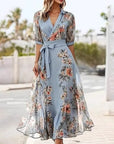 Bloemenprint V-hals Korte Mouw Strik Taille Midi Jurk
