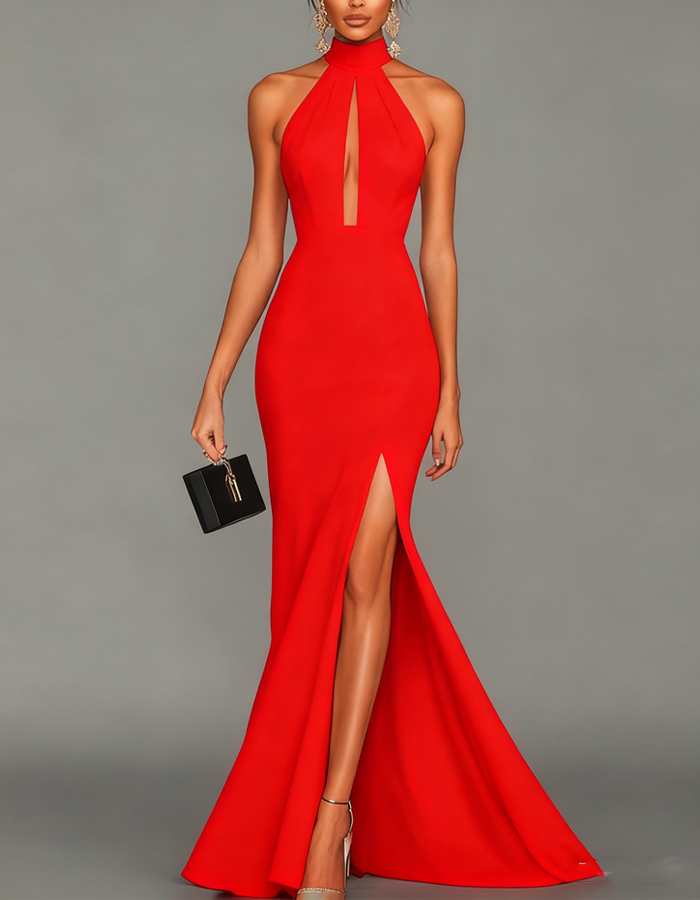 Maxi-jurk met hoge halslijn en keyhole-uitgesneden details