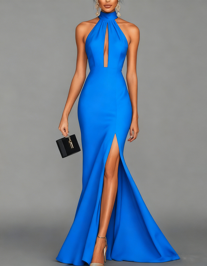 Maxi-jurk met hoge halslijn en keyhole-uitgesneden details