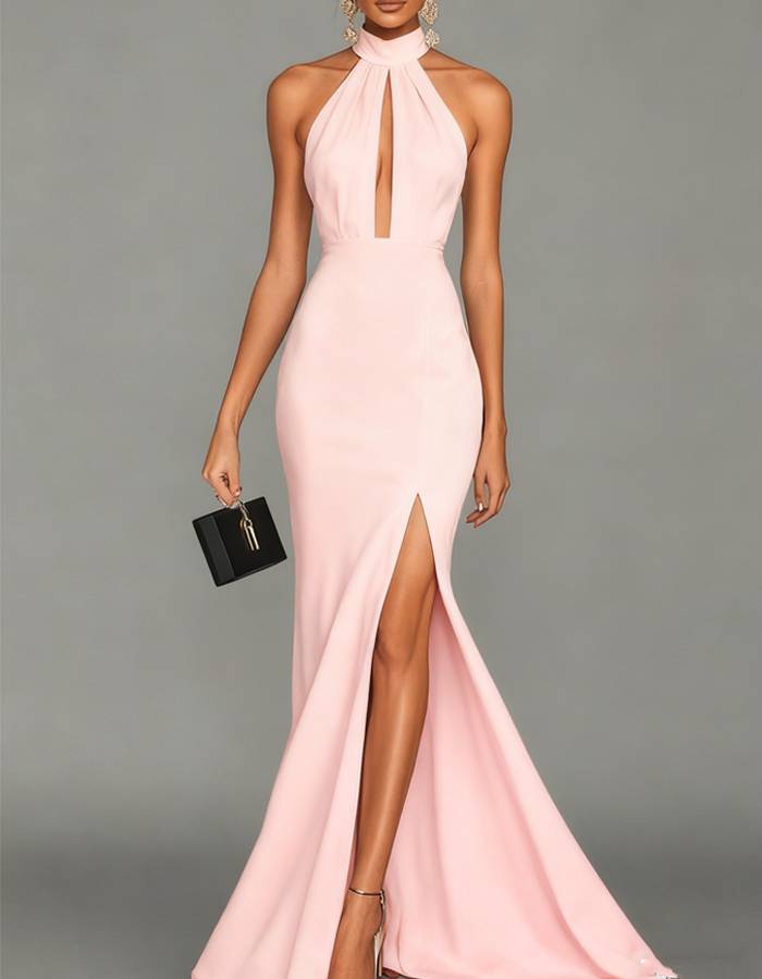 Maxi-jurk met hoge halslijn en keyhole-uitgesneden details