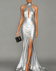 Maxi-jurk met hoge halslijn en keyhole-uitgesneden details
