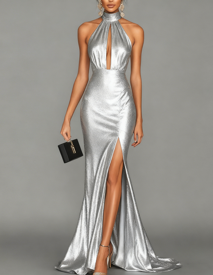 Maxi-jurk met hoge halslijn en keyhole-uitgesneden details