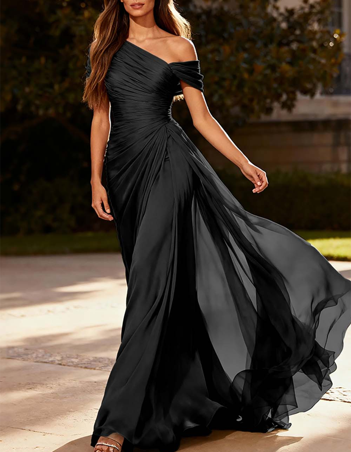 Maxi-jurk van geplooide chiffon met één schouder