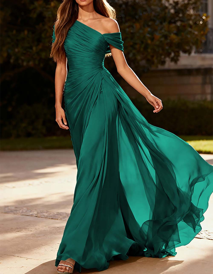 Maxi-jurk van geplooide chiffon met één schouder