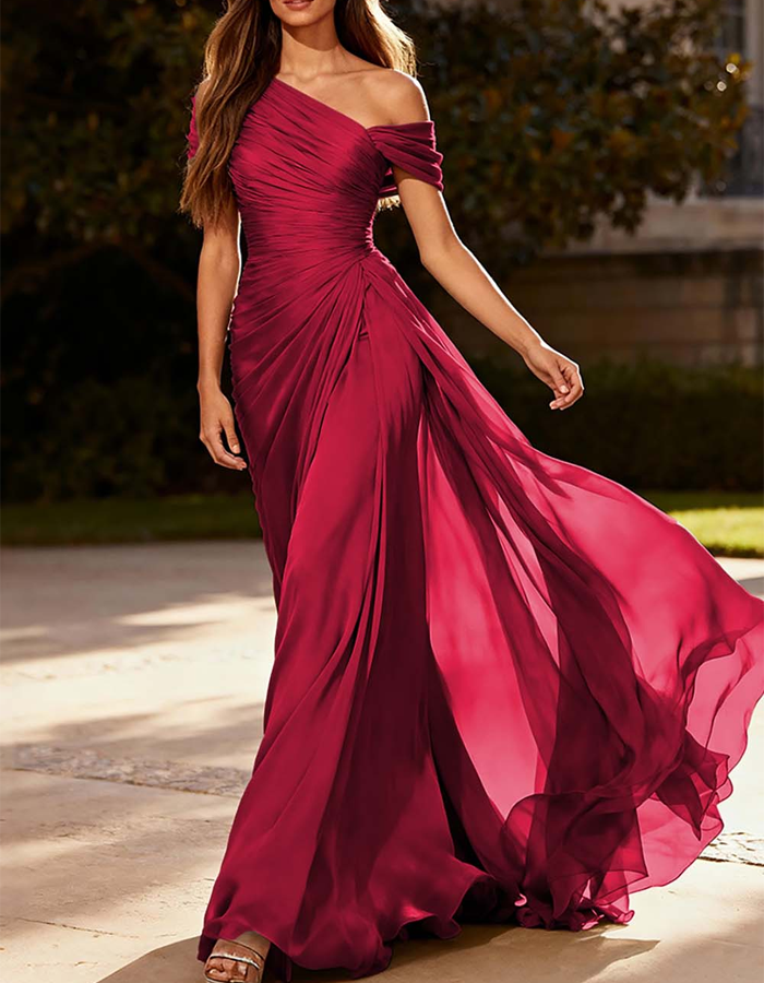 Maxi-jurk van geplooide chiffon met één schouder