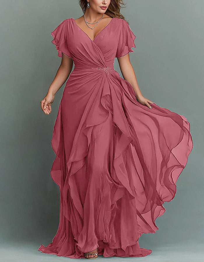 Maxi-jurk van chiffon met V-hals, effen kleur en ruches