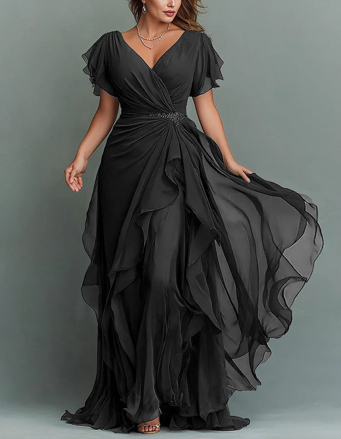 Maxi-jurk van chiffon met V-hals, effen kleur en ruches