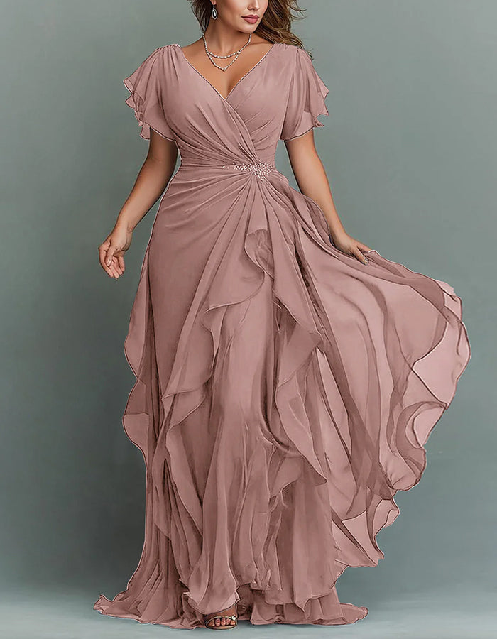 Maxi-jurk van chiffon met V-hals, effen kleur en ruches