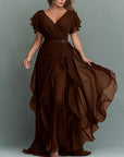 Maxi-jurk van chiffon met V-hals, effen kleur en ruches