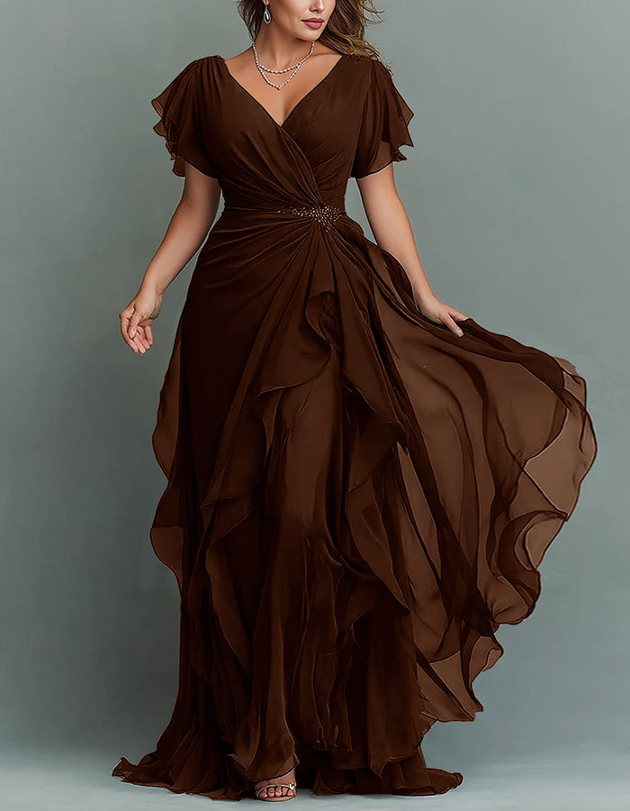 Maxi-jurk van chiffon met V-hals, effen kleur en ruches
