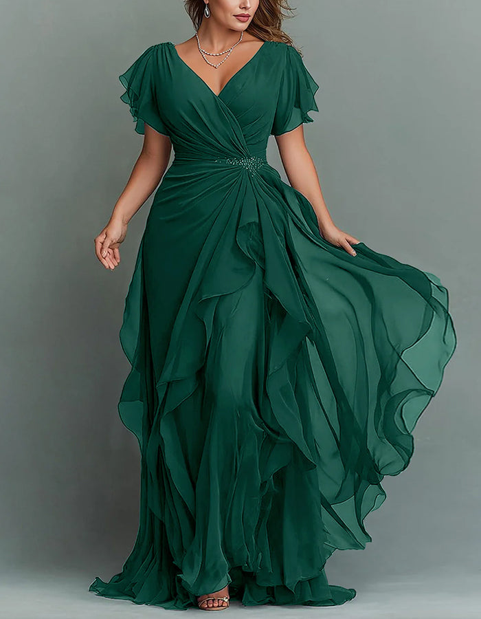 Maxi-jurk van chiffon met V-hals, effen kleur en ruches