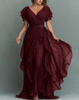 Maxi-jurk van chiffon met V-hals, effen kleur en ruches