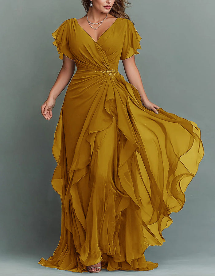 Maxi-jurk van chiffon met V-hals, effen kleur en ruches
