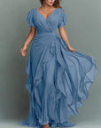 Maxi-jurk van chiffon met V-hals, effen kleur en ruches