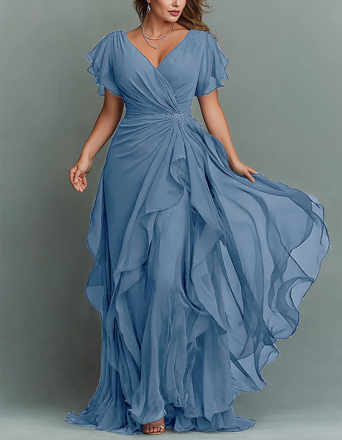 Maxi-jurk van chiffon met V-hals, effen kleur en ruches
