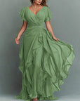 Maxi-jurk van chiffon met V-hals, effen kleur en ruches
