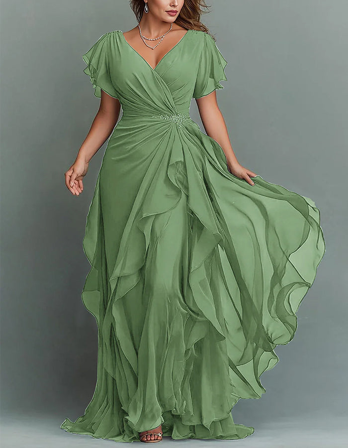 Maxi-jurk van chiffon met V-hals, effen kleur en ruches