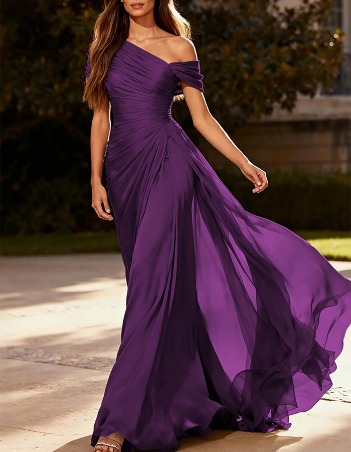 Maxi-jurk van geplooide chiffon met één schouder