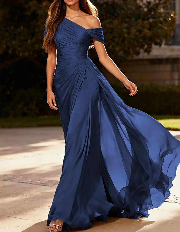 Maxi-jurk van geplooide chiffon met één schouder