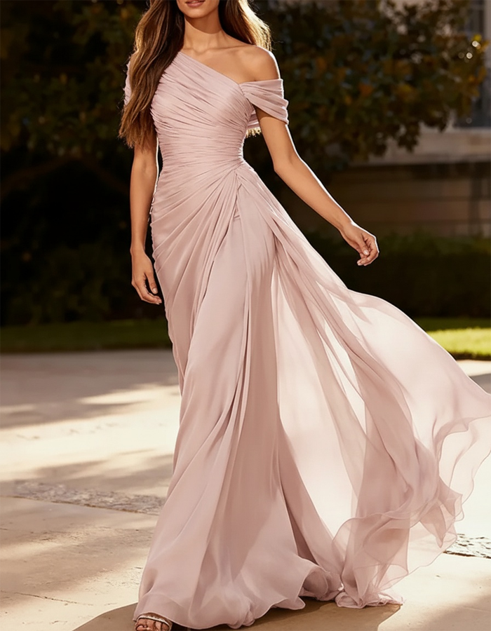 Maxi-jurk van geplooide chiffon met één schouder
