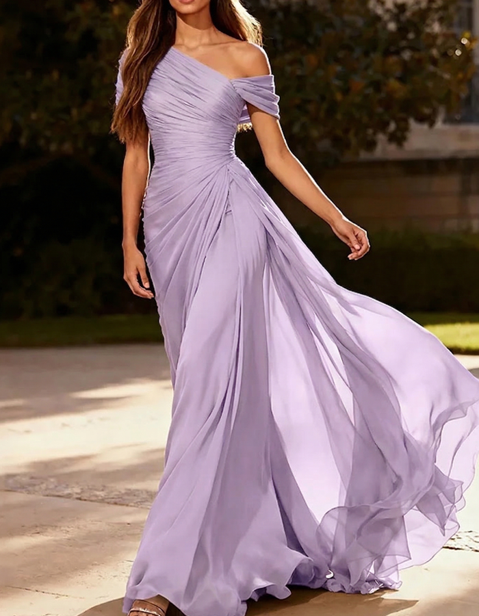 Maxi-jurk van geplooide chiffon met één schouder