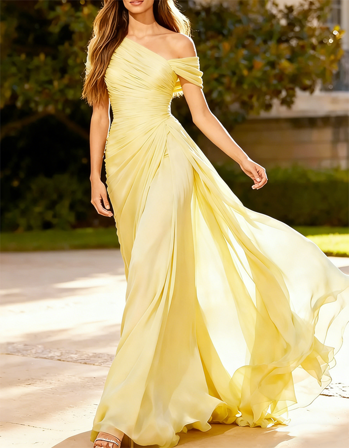 Maxi-jurk van geplooide chiffon met één schouder