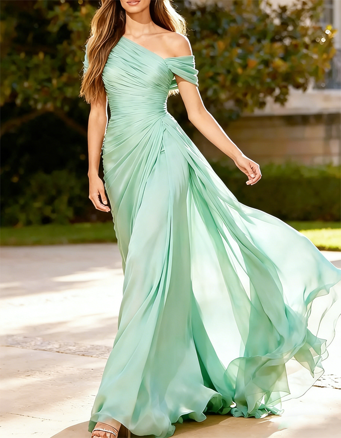 Maxi-jurk van geplooide chiffon met één schouder