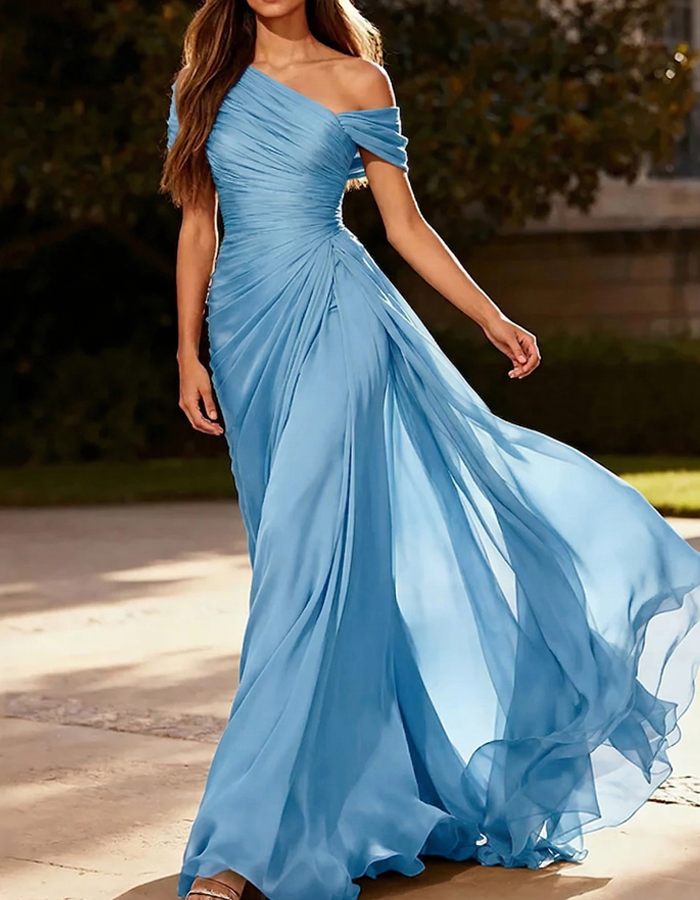 Maxi-jurk van geplooide chiffon met één schouder