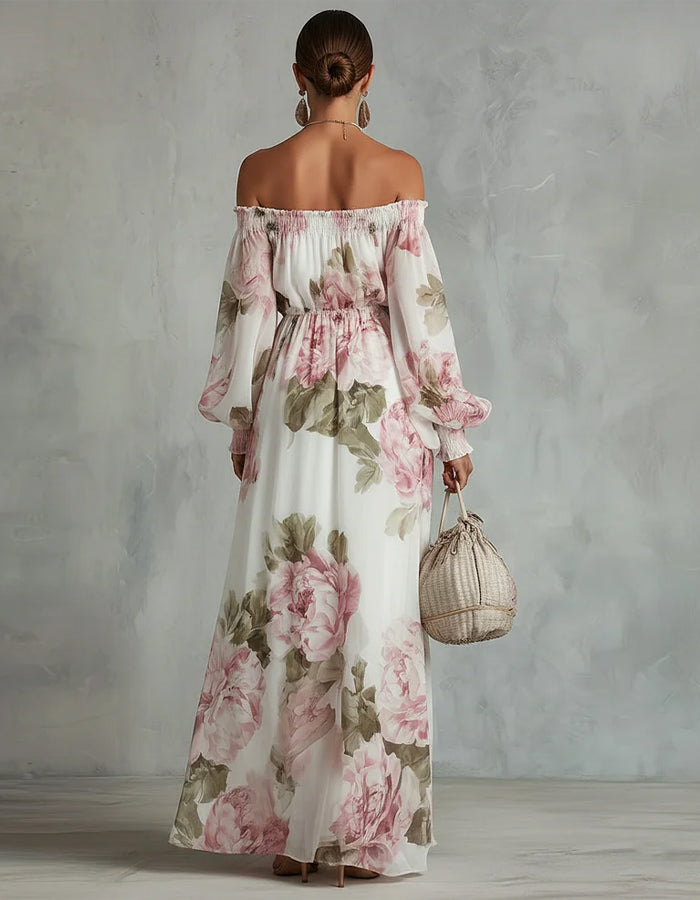 Witte maxi-jurk van chiffon met roze rozenprint en blote schouders