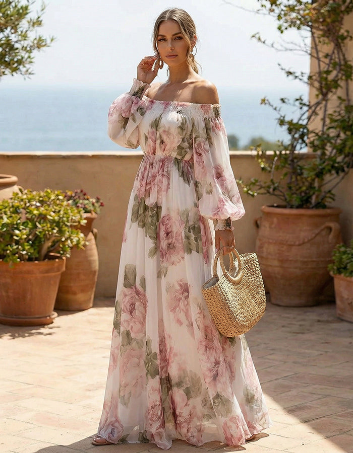 Witte maxi-jurk van chiffon met roze rozenprint en blote schouders