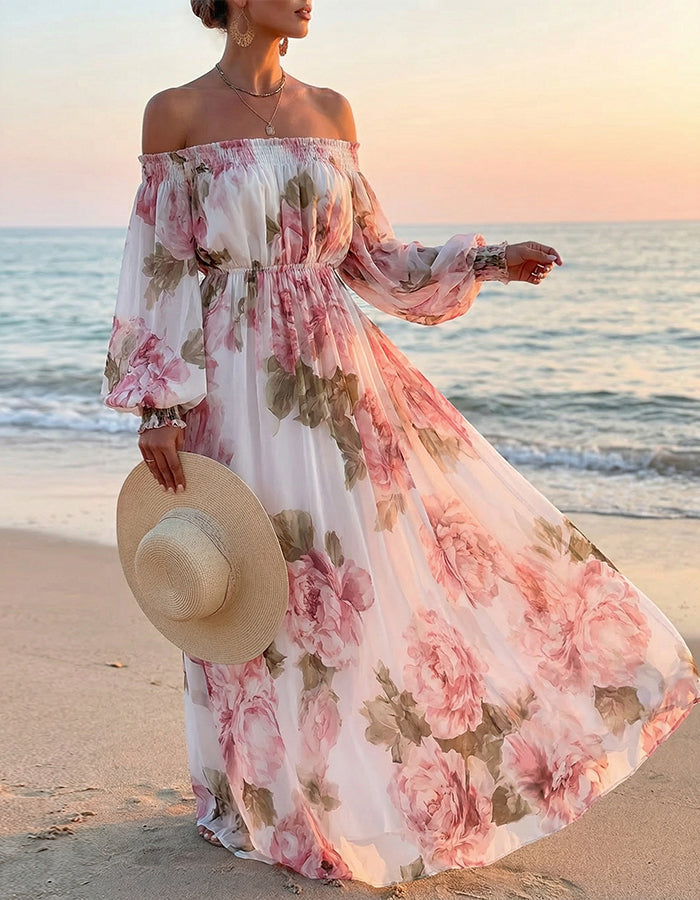 Witte maxi-jurk van chiffon met roze rozenprint en blote schouders