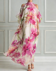 Roze chiffon maxi-jurk met bloemenprint, halternek en off-shoulder