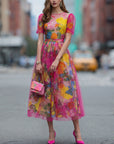 Aquarel Bloemen Tule Midi Jurk