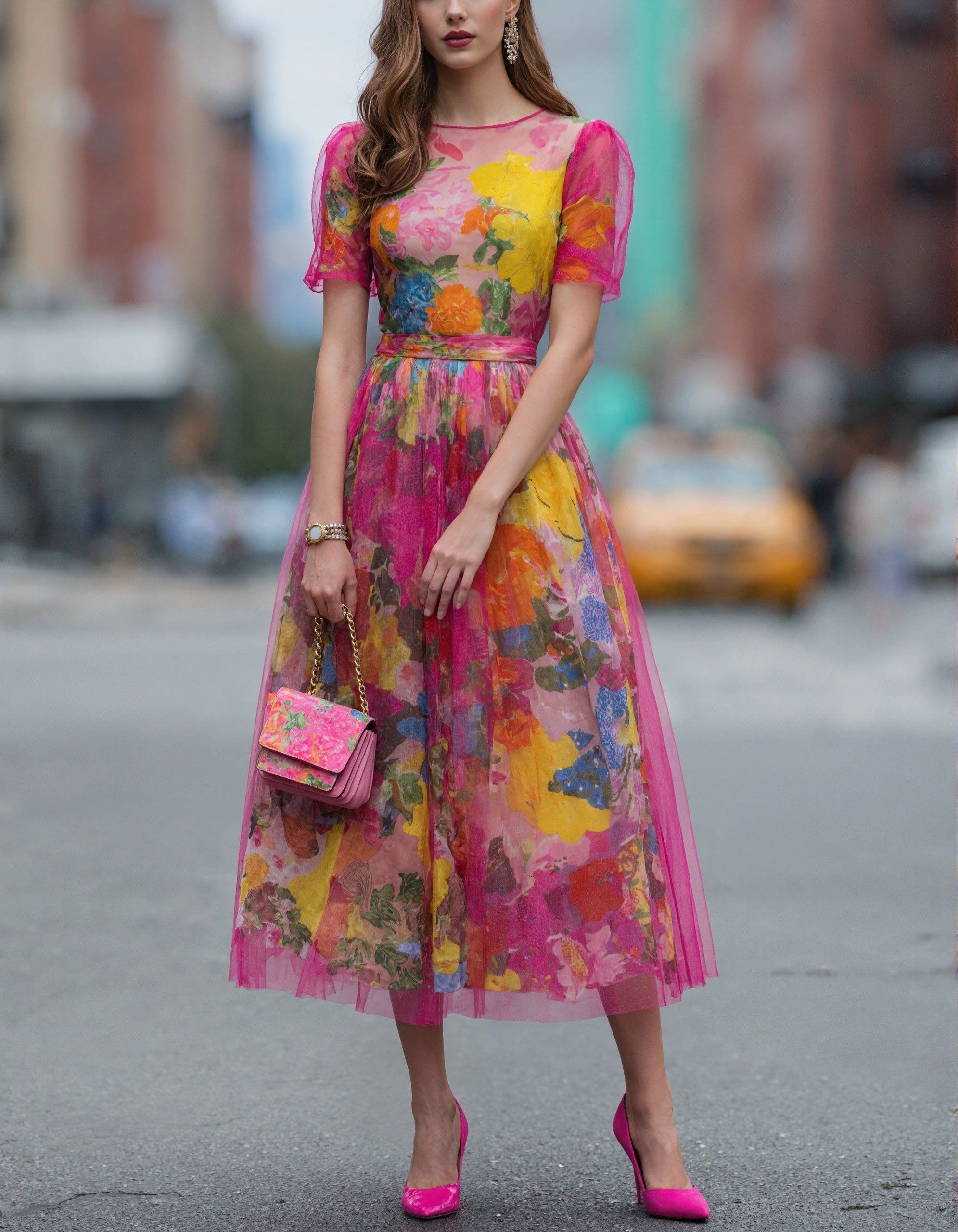 Aquarel Bloemen Tule Midi Jurk