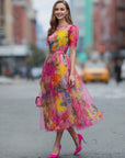 Aquarel Bloemen Tule Midi Jurk
