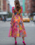 Aquarel Bloemen Tule Midi Jurk