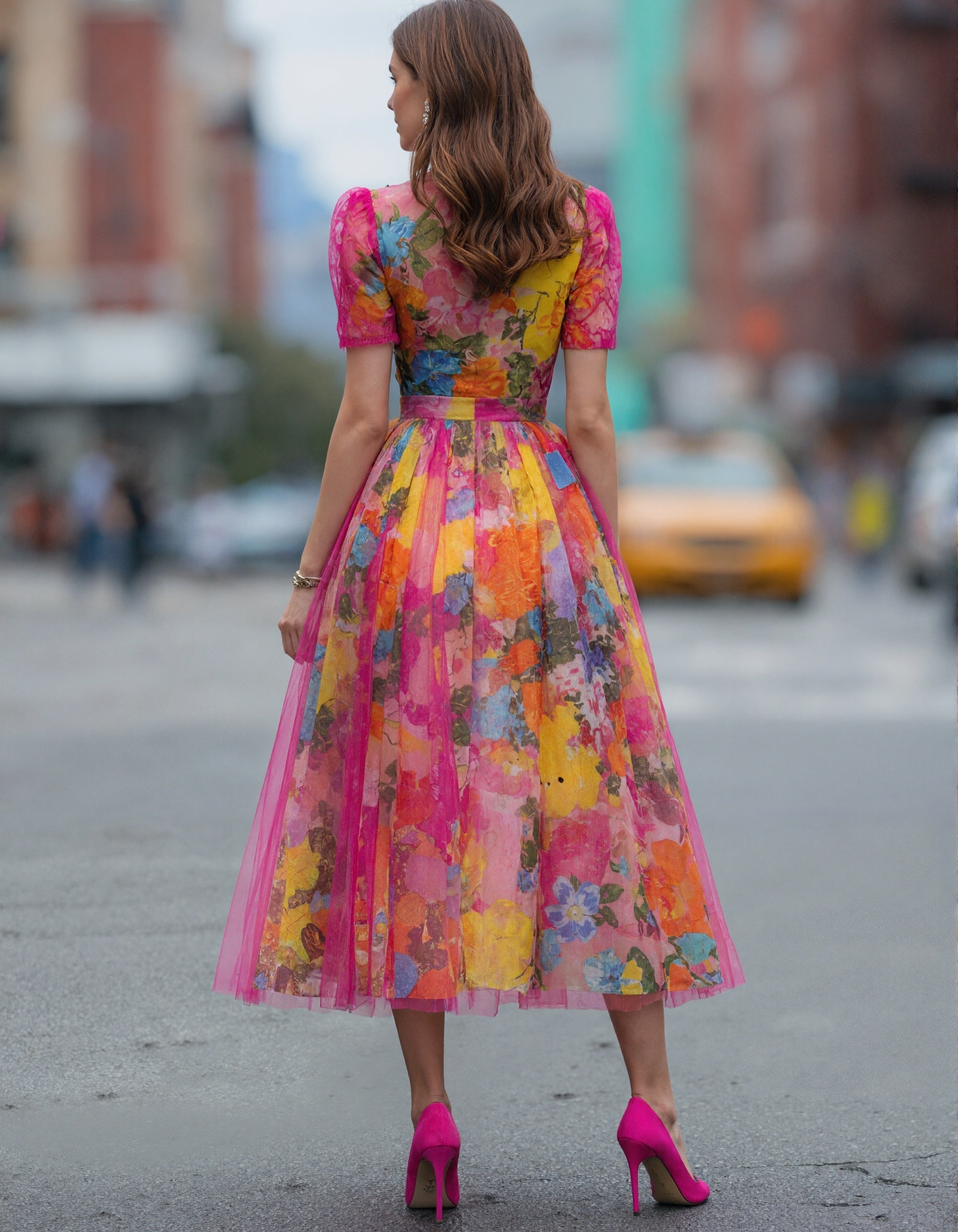 Aquarel Bloemen Tule Midi Jurk